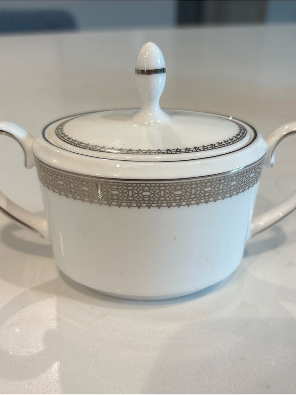 Vera Wang Porcelain Sugar Bowl with Lid White and Platinum Silver Lace Pattern